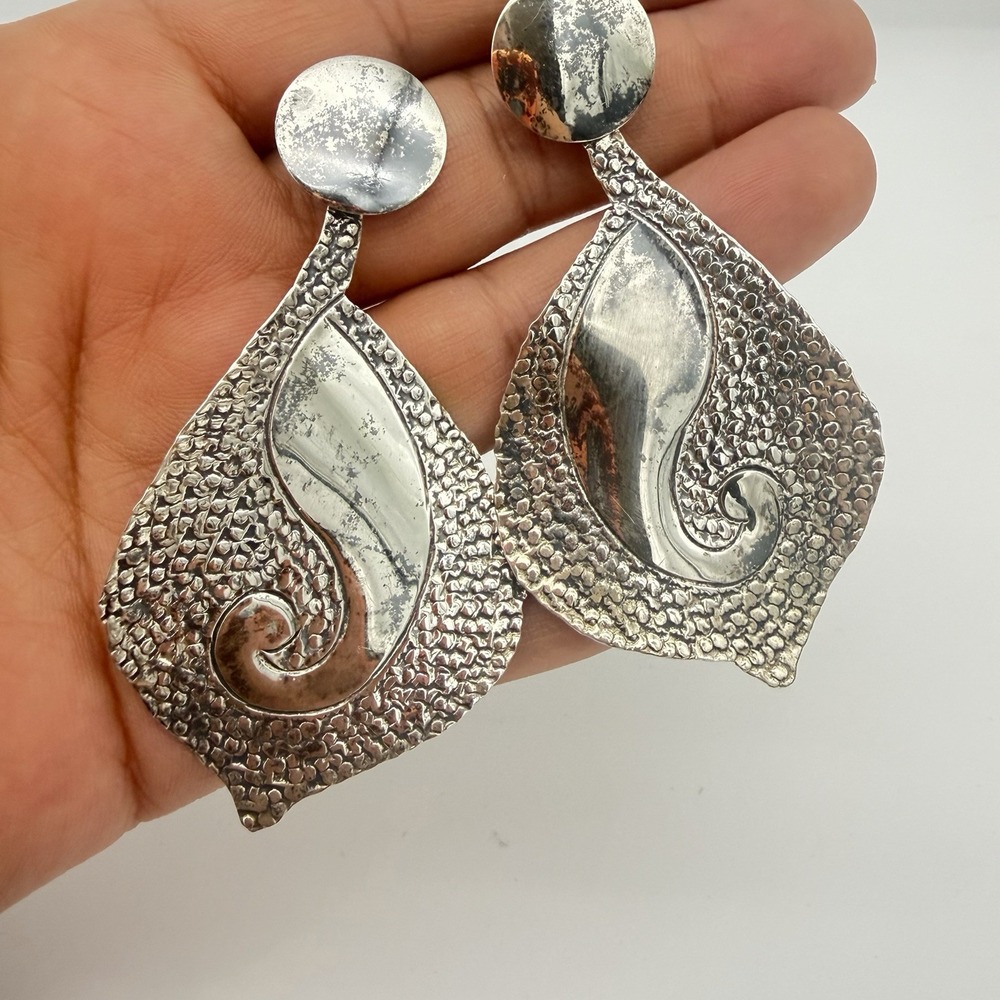 Dangle Earrings Womens Large Silver Good 925 Sterling Hammered Vintage